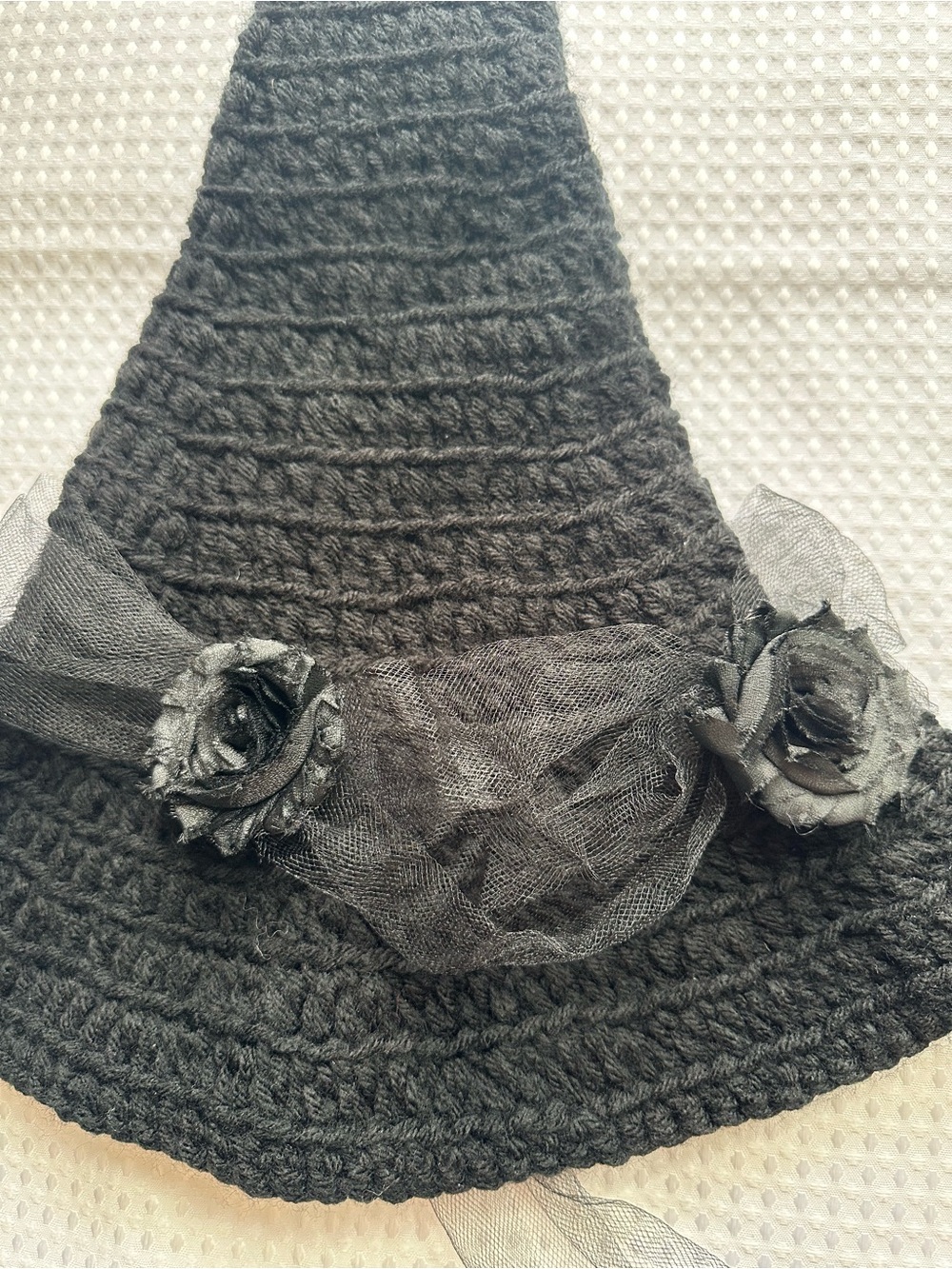 Artisan Made Crochet Black Pointed Witch Hat with Tulle/ Floral Accent - Picture 4 of 7
